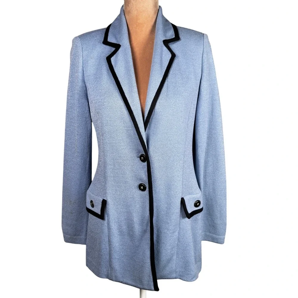 St. John Collection Knit Blazer‎ Women 4 Blue Black Trim Santana Longline Jacket